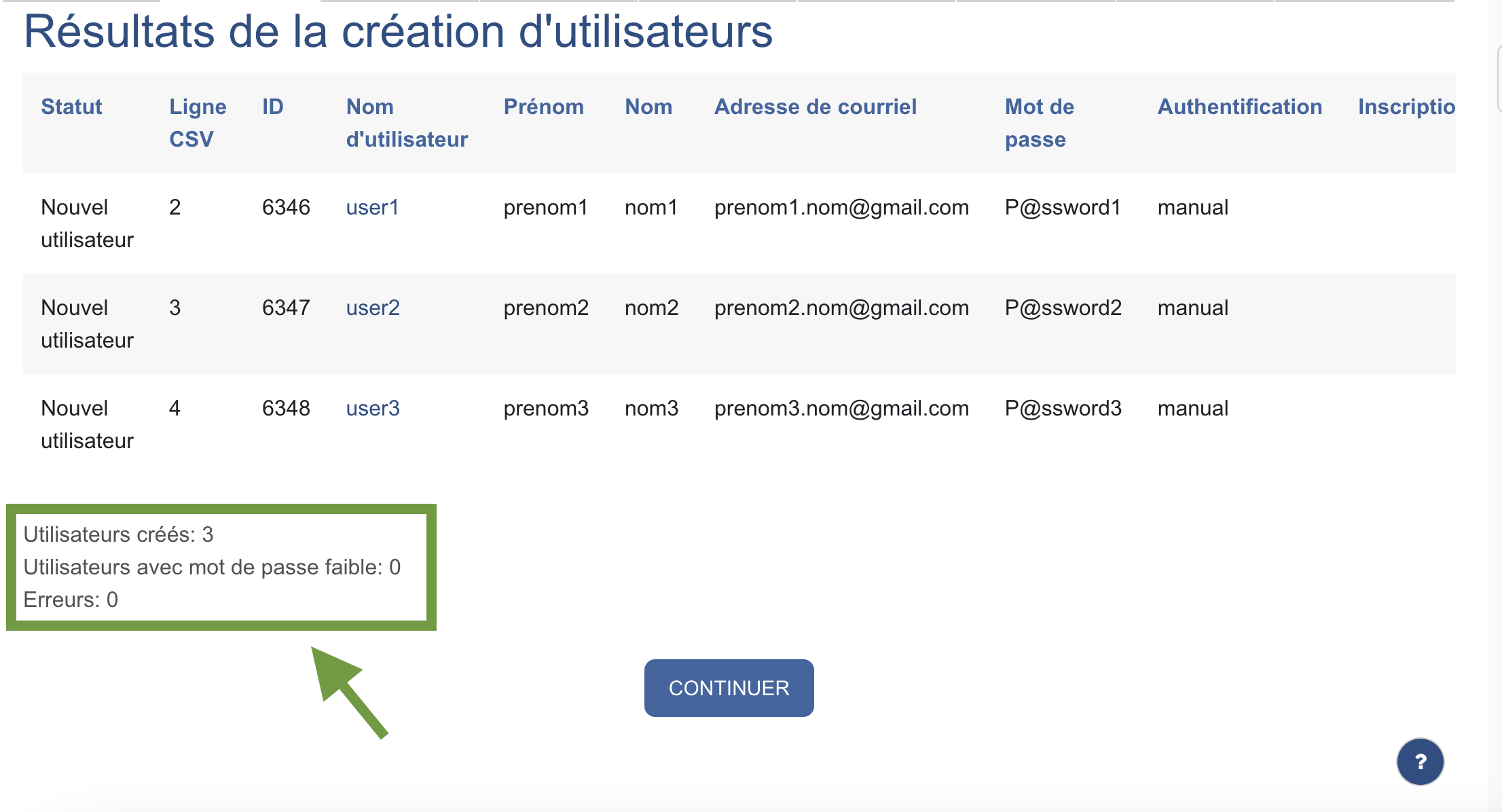 Résultats importation