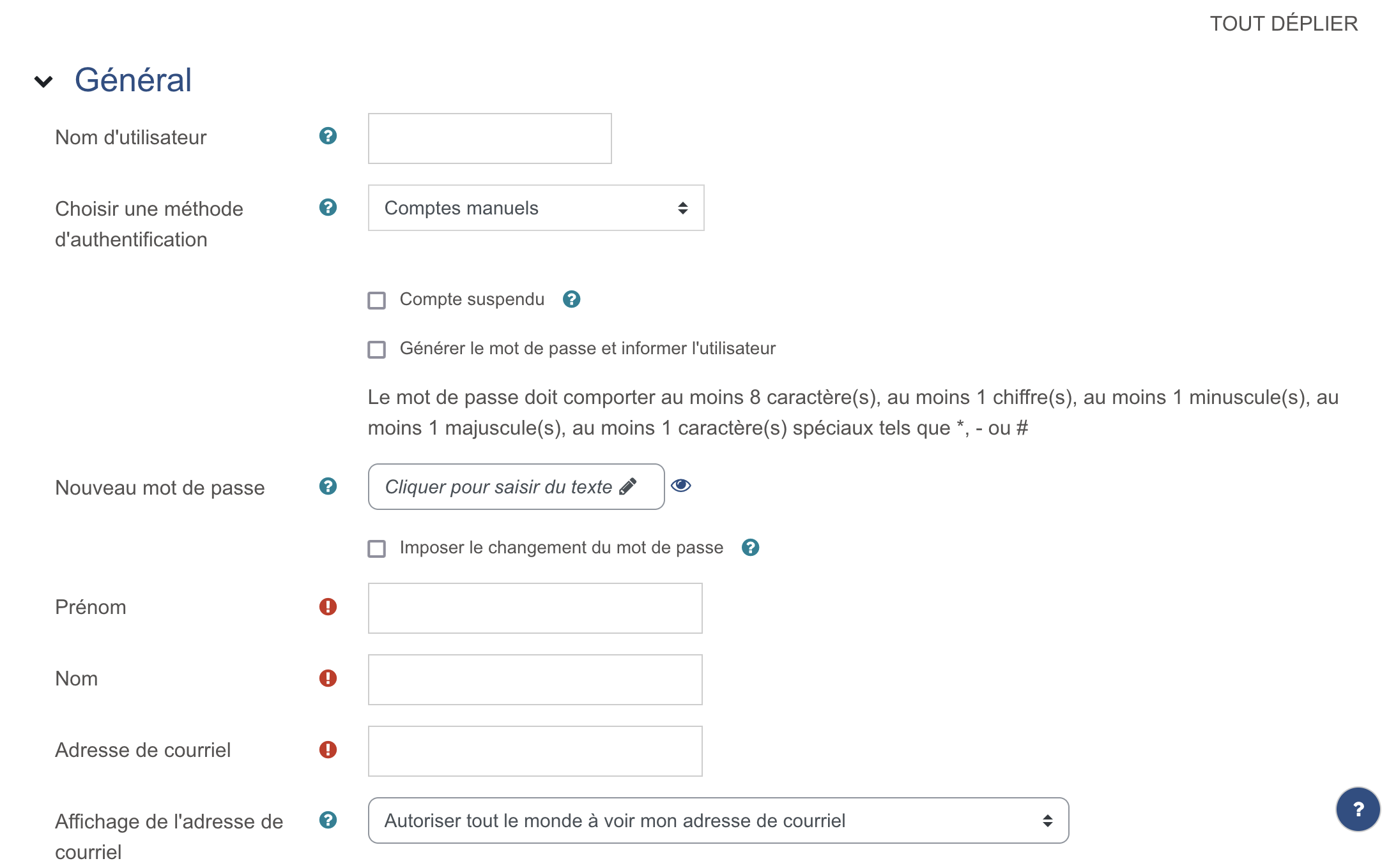 Interface création utilisateur